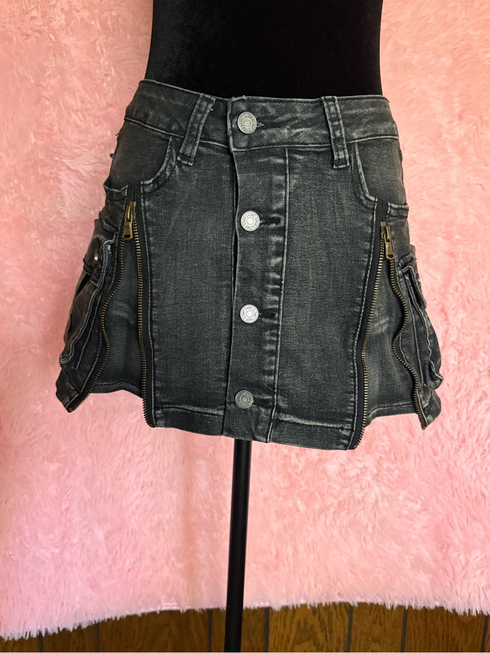 ROMWE Black Acid Wash Denim Cargo Mini Skirt Zipper Moto Punk S NWOT